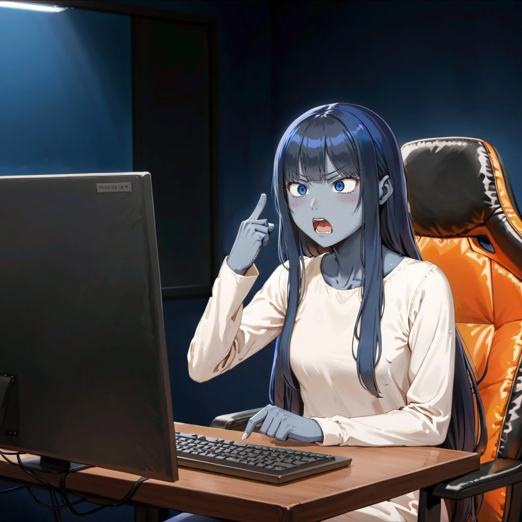 best quality, very aesthetic, absurdres, (cinematic angle:1.2), [(realistic:1)::0.5], <lora:StS_age_slider_v1_initial_release:1> ,<lora:Fixhands_anime_bdsqlsz_V1:1> 
girl using a computer,(yamamura sadako:1.2), black hair,straight hair,very long hair,long bangs,black eyes, (hair over one eye:1.2),sidelocks,(gray skin:1.3),white spooky dress, simple dress, long sleeves, [skinny::0.5], jitome, narrowed eyes, g
<lora:Using_a_computer:0:0.6>, <lora:DobunezuMix:0:0.9> ,<lora:Dark_room:0:0.7>,(dark room:1.1) background, simple background, [growing (blue:1.3) monitor:0.1], gaming chair, (arm up, middle finger rising:1.8), (angry,open mouth,surprised:1.4)