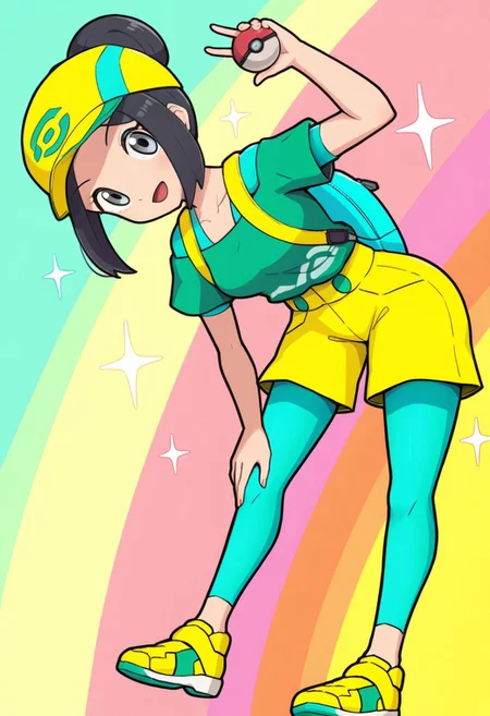 hinosaki, [[pokemoa, gonzarez]]2d, masterpiece, best quality, amazing quality, 1girl, solo, close-up, standing, smile, upper body, leaning_forward, looking at viewer, multicolored background, sparkle, rainbow background, colorful background, pkbettie, fresh style, black hair, grey eyes, short hair, sidelocks, bangs, hair bun, baseball cap, yellow headwear, green shirt, collarbone, aqua undershirt, short sleeves, off-shoulder shirt, high-waist shorts, yellow shorts, aqua leggings, leggings under shorts, aqua backpack, shoes, yellow footwear