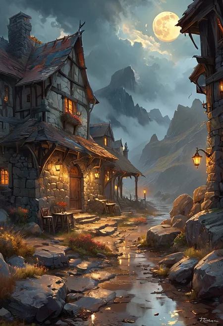 In a desolate landscape under a stormy sky, a medieval fantasy tavern spans a chasm filled with jagged rocks. The full moon casts a pale, eerie light over the scene, creating stark contrasts between the deep shadows and the occasional eerie light from a distant lightning flash. The moonlight reveals the dead plants scattered across the ground, their twisted forms stark against the rough terrain, enhancing the sense of hopelessness. The overall atmosphere is ominous, with every element contributing to a haunting stillness and a sense of despair and foreboding.[romantic impressionism,dream scenery art,beautiful oil matte painting,romantic,style of thomas kinkade,beautiful digital painting,anime landscape,romantic painting,dreamlike digital painting,colorful painting,beautiful gorgeous digital art,style of greg rutkowski,janek sedlar,jenny saville:0]