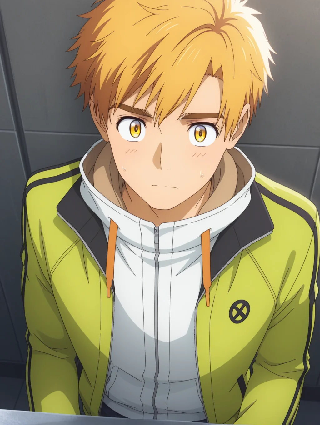 masterpiece, best quality, amazing quality, 1 boy, solo, male focus, Shuji Minamito, short hair, jacket, yellow eyes