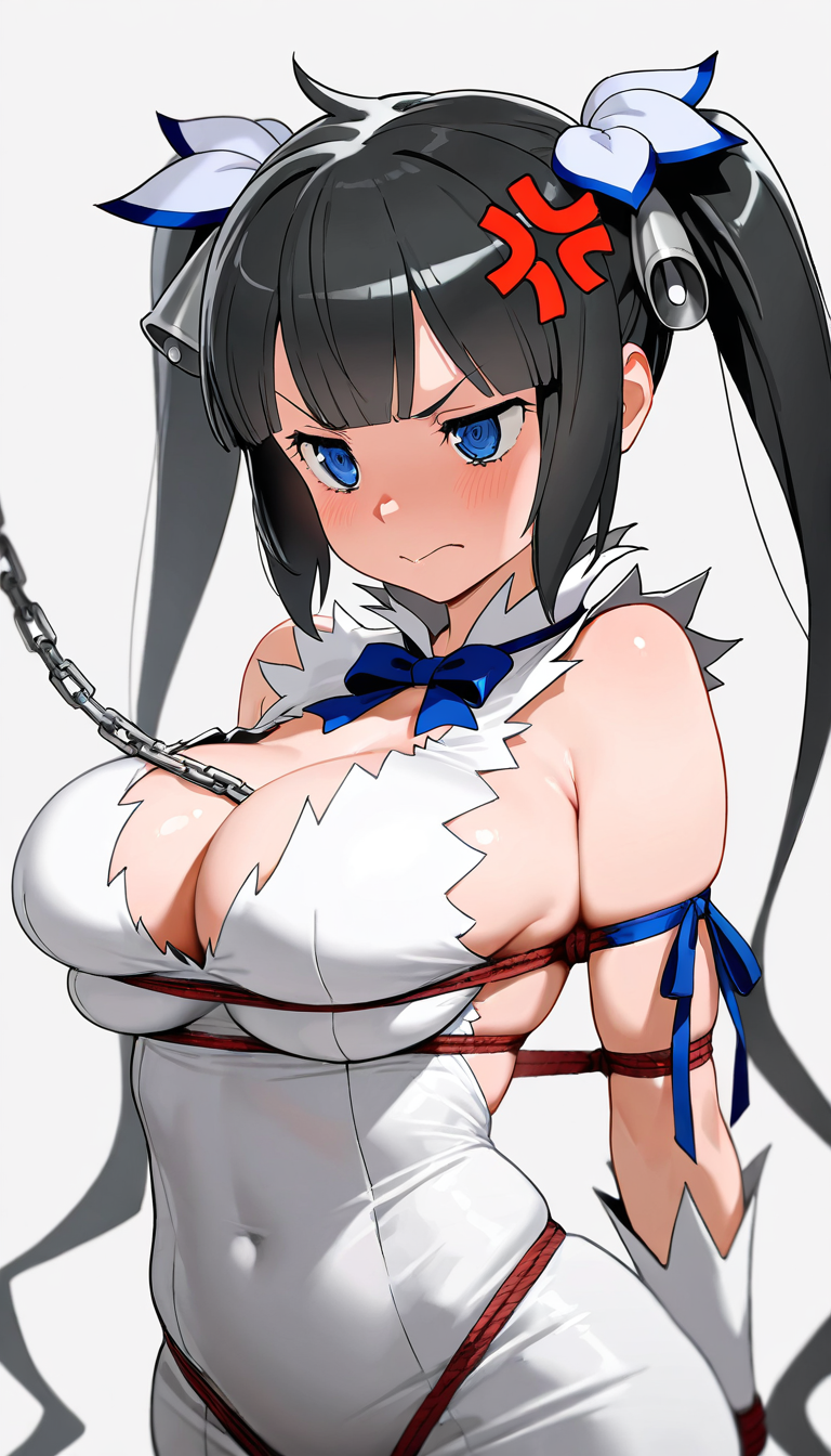 (masterpiece, best quality), amazing quality, very aesthetic, absurdres, highres, newest, HDR, 8K, high detail RAW color art, intricate details, high contrast, detailed background, beautiful detailed, beautiful face, blight face, intricate eyes, large pupil, eyelashes, brilliant skin, shiny skin,
1girl, solo, hestia \(danmachi\), twintails, long hair, black hair, blunt bangs, blue eyes, hair ribbon, white ribbon, hair bell, blue ribbon, white ribbon, hair bell, white dress, sleeveless dress, pencil dress, white dress, large breasts, cleavage, under bust, blue ribbon, white gloves, bare shoulders, anger vein, shibari, Breast Bondage, Tied Breasts, arm bound, long chain,
