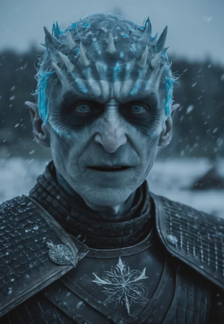 Close up of (The night King’s face) From game of thrones, Standing In the middle of a Snowy Field, Dark sky, Super Panavision 70, Film grain, Atmospheric Glow, Cinematic