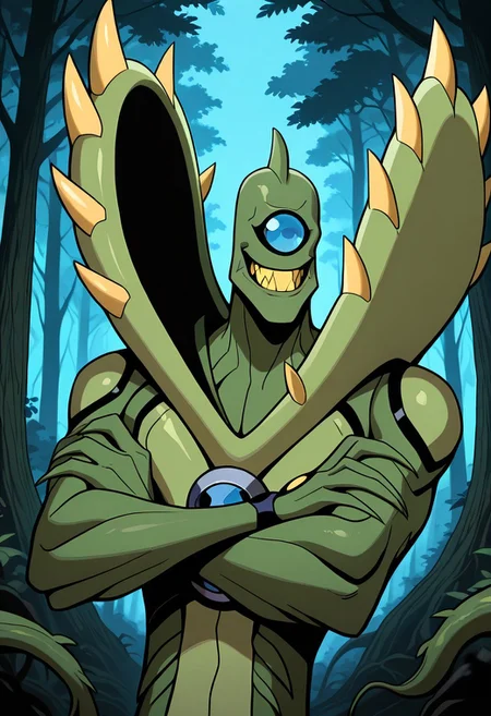 , masterpiece, best quality, amazing quality, very aesthetic, absurdres, newest,
wildvine, solo, green skin, alien, monster, one eye, blue eye, green skin, , spikes, claws, yellow teeth, smile,, no hair, 1boy, Digimon, 
 dynamic pose, green tentacles, crossed arms, forest background, trees, upper body,