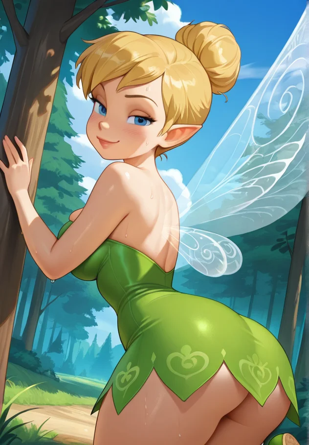 masterpiece, best quality, amazing quality, very aesthetic, absurdres, newest, detailed background, cowboy shot, outdoors, dynamic angle, forest, sky, clouds
tinkerbellxd, 1girl, fairy, solo, fairy wings, blonde hair, blue eyes, single hair bun, green dress, bare shoulders, smile, strapless dress, short dress, large breasts, short hair, green footwear, pointy ears, standing, looking at viewer, pompom shoes, thin waist, wide hips, flying, skindentation, seductive, sexy, naughty face, sweat, from back, upskirt, leaning forward, big ass
<lora:Tinkerbell_-_Disney_Illustrious:1>