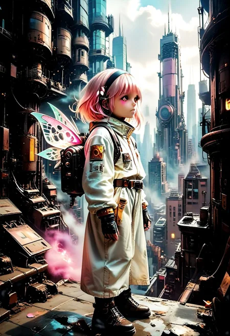 1girl, solo, white hair, hairband, wings, pink eyes, dress, energy wings, building, white dress, multicolored hair, bodysuit, pink hair, night, long hair, outdoors, petals, skyscraper, small breasts, gloves, city, mechanical wings, medium hair, gradient hair, sky, hair between eyes, closed mouth, cityscape, detached wings, fingerless gloves, black gloves,
score_9,score_8_up,score_7_up, futuristic, technological, alien worlds, space themes, advanced civilizations,
alien-worlds, colorful, eeriness, fantasy, futuristic, science-fiction, other-worldliness, pop-culture, posters, contemporary, metaphysics, atmospheric, digital, illustration,
pmg style, MyNewFantasy, Jed-dtl, s1_dram