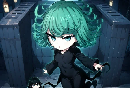 score_9, score_8_up, score_7_up, 1girl, TATSUMAKI (ONE PUNCH MAN), (((she is inside a bird cage))), holding bars, mad, Chibi art style, swollen cheeks, imprissioned, Chibi, Insede Cage, Giant Cage