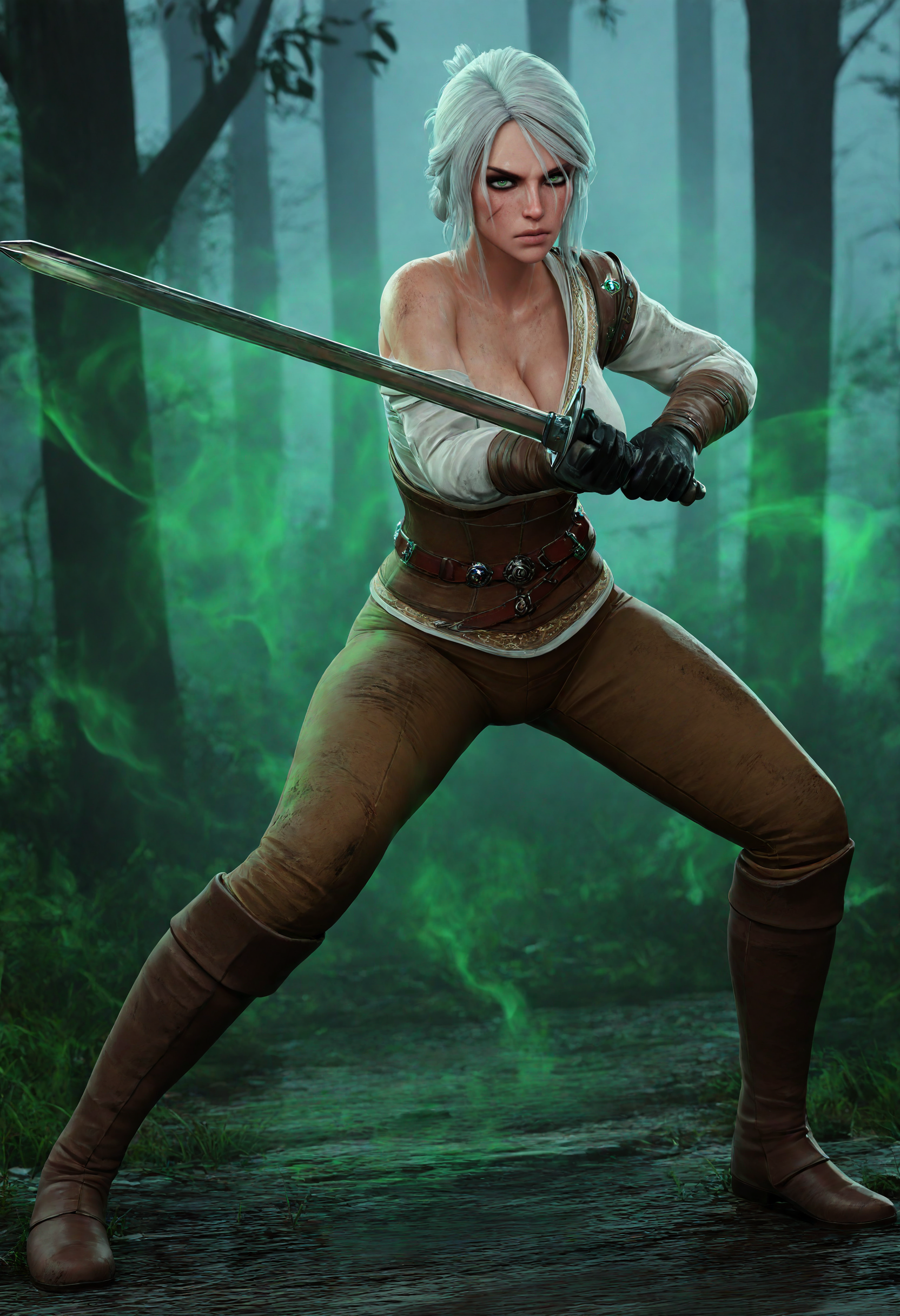 masterpiece, best quality, very awa, highres, absurdres, shadow, 3d,
1girl, ciri, the witcher \(series\), the witcher 3, solo, full body,
fighting stance, holding sword, two-handed sword, holding, clenched hand, 
looking at viewer, determined, 
green eyes, white hair, short hair, long hair, grey hair, scar on cheek, freckles, single hair bun,
white shirt, cleavage, long sleeves, black gloves, brown footwear, knee boots, brown pants, brown corset, leather armor, gem belt, shoulder belt, single bare shoulder, 
large breasts, shiny skin, curvy, dirty, 
outdoors, night, dark, nature, dark forest, green aura,
<lora:3DStyle NoobAIXLEpsilon075FullTagged:1>