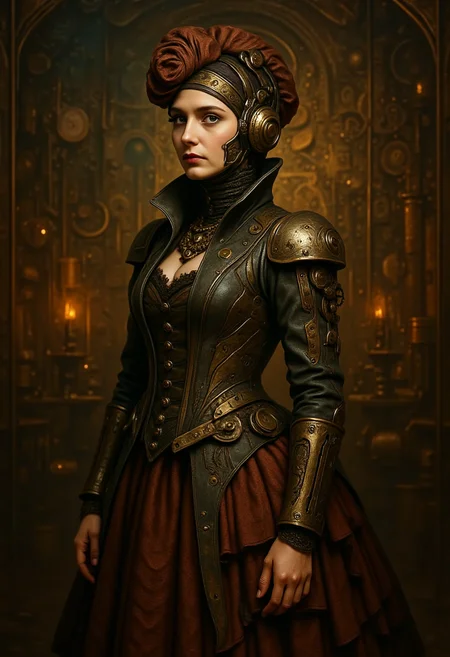 , Steampunk fashion style, inspired by Victorian-era machinery and science fiction, features a mix of vintage clothing with futuristic elements, promotes creativity and craftsmanship, encourages DIY and up-cycling, celebrates a love for exploration and adventure with intricate textures and vibrant colors. The scene should include a rich variety of elements, each contributing to the overall atmosphere. Lighting should be soft, diffused, and natural, enhancing the depth and realism of the scene. The mood is to be calm yet vibrant, creating a sense of serenity and wonder. Every detail in the scene should be meticulously rendered, emphasizing the contrast between light and shadow, and capturing the fine textures and subtle gradients. The color palette should be carefully chosen to evoke emotion, with each hue enhancing the aesthetic appeal of the overall composition. The final image should be immersive and captivating, drawing the viewer into its intricately detailed world.