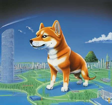 airbrush surrealism <lora:airbrush surrealism:1> giant shiba-inu crushing cities under its paws