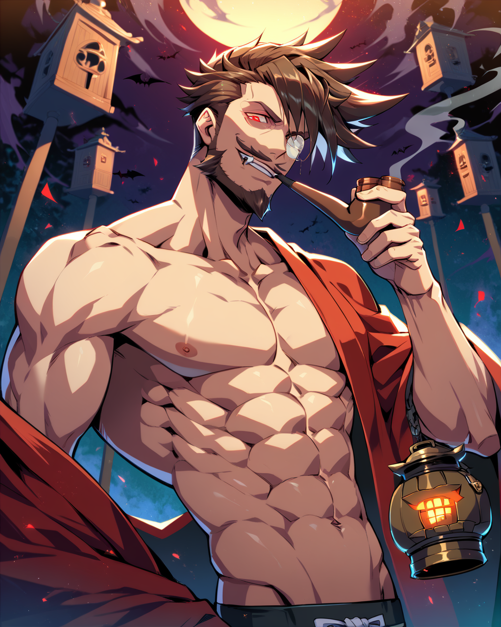 1boy, male focus, Slayer, guilty gear, score_9, score_8_up, score_7_up, score_6_up,  <lora:Slayer_from_Guilty_Gear:0.7>, brown hair, smoking pipe, monocle, facial hair, mature male, vampire, smirk, looking at viewer, toned, athletic, fit, fang, pipe, short hair, slicked to the side hair, mustache, male focus, best quality, amazing quality, best aesthetic, absurdres, smirk, evil smile, red eyes, glowing eyes, seductive, dandy, <lora:aesthetic_anime_v1s:0.4>, <lora:xl_more_art-full_v1:0.5>, <lora:EpicF4nta5yXL:0.5>, (Holding a sinister, antique lantern, casting eerie light), (bare chest, pecs, nipples, bare shoulders, abs, navel), swimwear, couple, sharon, 1girl, red dress,