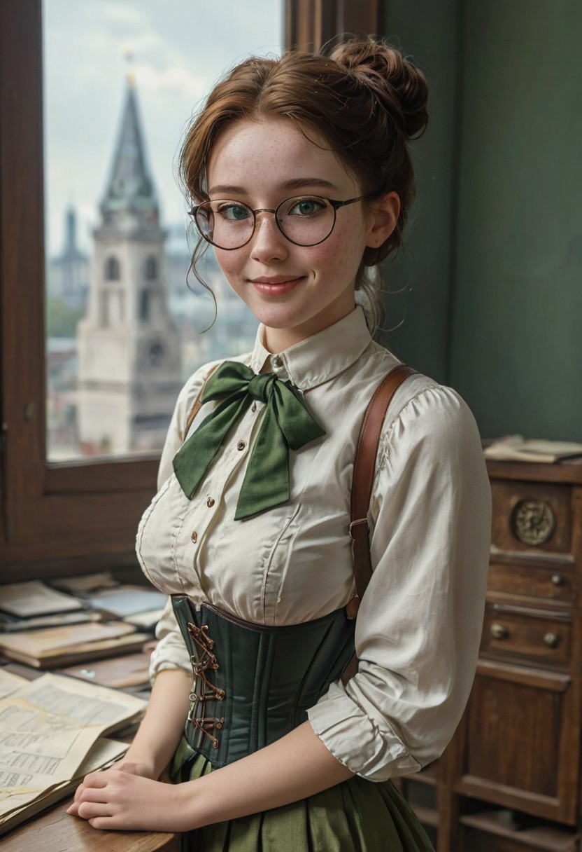 epiCRealism, Closeup, ((Fixhand)), amazing quality, masterpiece, best quality, hyper detailed, ultra detailed, UHD, perfect anatomy, portrait, dof, hyper-realism, majestic, awesome, a busty freckled girl with extremely swooping breasts that strains her blouse and underbust corset, ((covered nipples)), smile, blush, wavy black hair tied up in a bun, curious light grey eyes,she has an hourglass figure with narrow waist and large swooping breasts, she is an accountant in a Victorian Bank working on vintage ledger besides a window that shows St Paul cathedral, wearing big round glasses and green visors and black sleeve garters and shirt cuff black protectors, cinematic composition, soft shadows, national geographic style, white blouse unbuttoned, cleavage, sly smile, one hand on cleavage ((Fixhand)), extremely detailed background