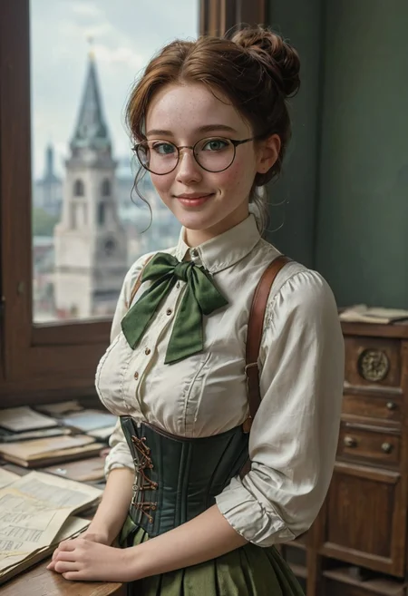 epiCRealism, Closeup, ((Fixhand)), amazing quality, masterpiece, best quality, hyper detailed, ultra detailed, UHD, perfect anatomy, portrait, dof, hyper-realism, majestic, awesome, a busty freckled girl with extremely swooping breasts that strains her blouse and underbust corset, ((covered nipples)), smile, blush, wavy black hair tied up in a bun, curious light grey eyes,she has an hourglass figure with narrow waist and large swooping breasts, she is an accountant in a Victorian Bank working on vintage ledger besides a window that shows St Paul cathedral, wearing big round glasses and green visors and black sleeve garters and shirt cuff black protectors, cinematic composition, soft shadows, national geographic style, white blouse unbuttoned, cleavage, sly smile, one hand on cleavage ((Fixhand)), extremely detailed background