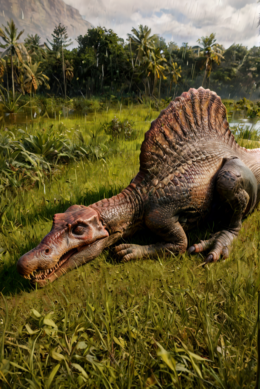 source_furry, score_9, score_8_up, score_7_up, (spinosaurus_jwe, dinosaur, feral), scalie, black scales, detailed scales, snout, broad snout, elongated snout, closed eyes, teeth, sharp teeth, closed mouth, back sail, claws, digitigrade legs, tail, <lora:Spinosaurus_JWE2:0.8>, outdoors, jungle, sky, clouds, side view, look at viewer, lying on stomach, sleeping, rainy, view from side, full body, curled body, zPDXL2, zPDXLpg, zPDXLrl, best quality, highly detailed, extreme details, masterpiece, photorealistic, hyperrealistic, ultra realistic, hdr, 4k, uhd, ray tracing, shaded