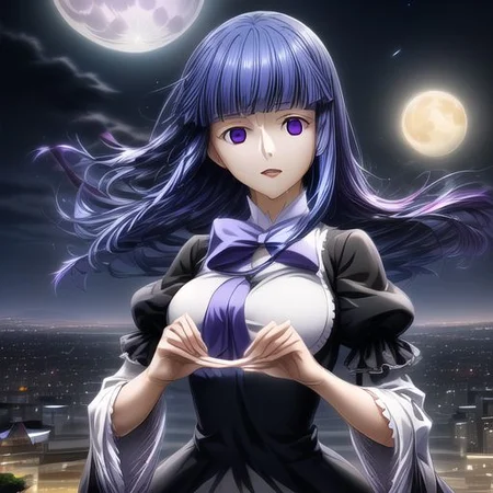 1girl, female, long blue hair, aabern, long hair, blue hair, blunt bangs, purple eyes, bowtie, frills, black dress, puffy sleeves, short over long sleeves, long sleeves, (solo), (high quality, best quality, beautiful, masterpiece:1.4), original style, anime screencap, long hair, blue hair, Japanese architecture, japanese cityscape, modern city, beautiful moon, midnight, night, starry, high quality, best quality, masterpiece, best quality character, beautiful eyes, good hands, best hands