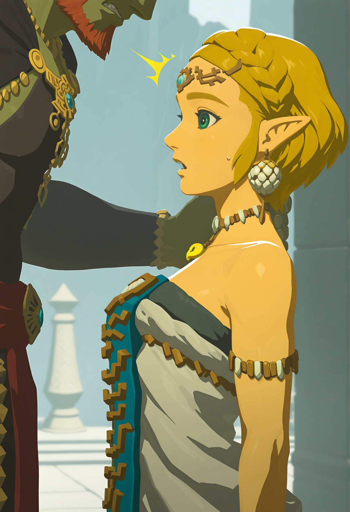 amazing quality,very aesthetic,absurdres,best quality,newest,masterpiece,4k resolution, absurdres, highres, detailed background, 
  <lora:Princess_Zelda_ILXL:0.8> 1girl, princess zelda, blonde hair, pointy ears, totk, short hair, forehead jewel ,magatama necklace, earrings, dress,bare shoulders, white dress, solo, surprised, multiple boys, ganondorf, from side, holding neck,