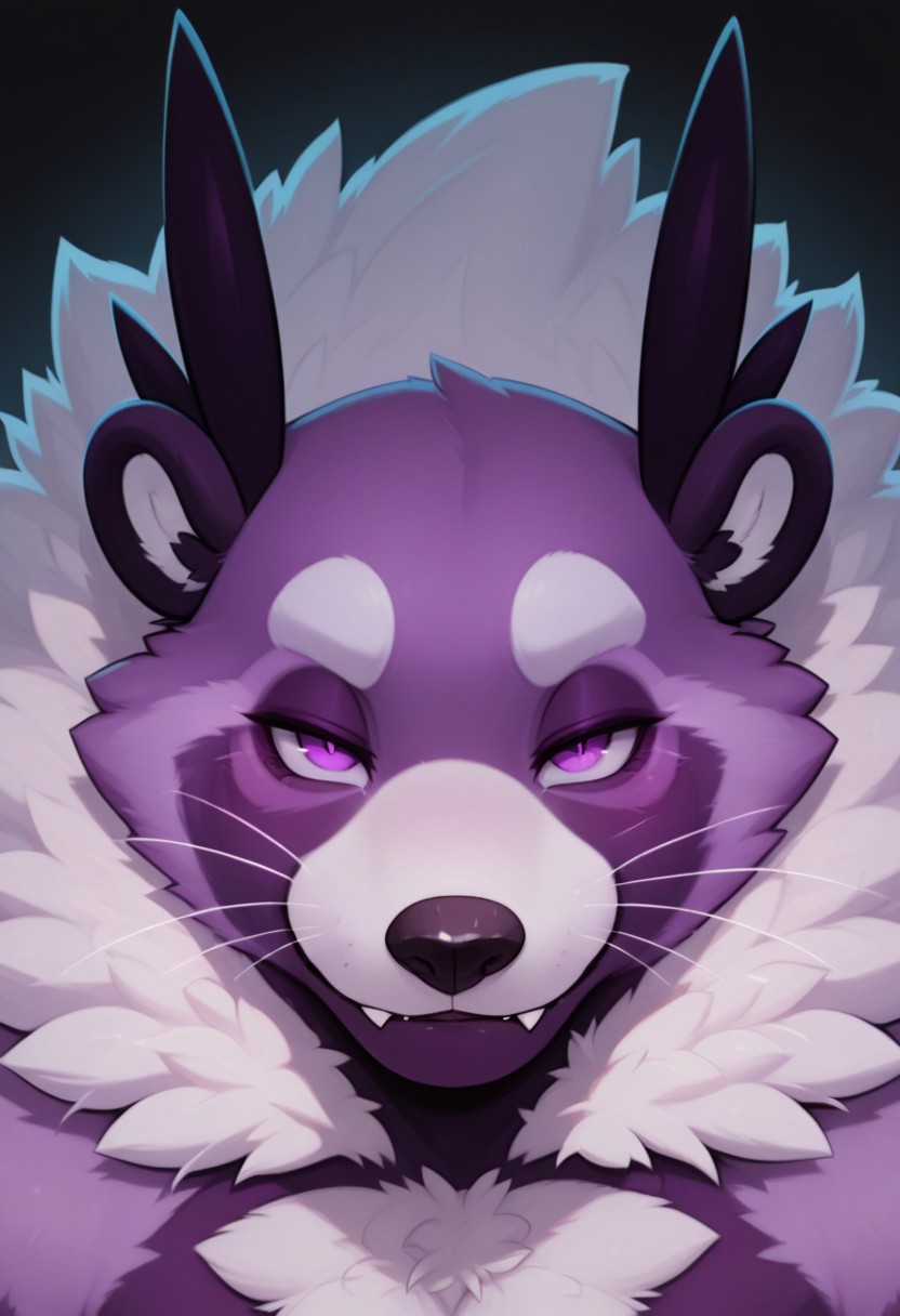 masterpiece, detailed background, best quality, absurd res, high detail, aesthetic, smooth drawing,
BentoC, furry male, viverrid, werebinturong, huge, fluffy, face focus, relaxed, looking at viewer, purple eyes, fangs, straight-on, black background, whiskers, seductive, smug look,