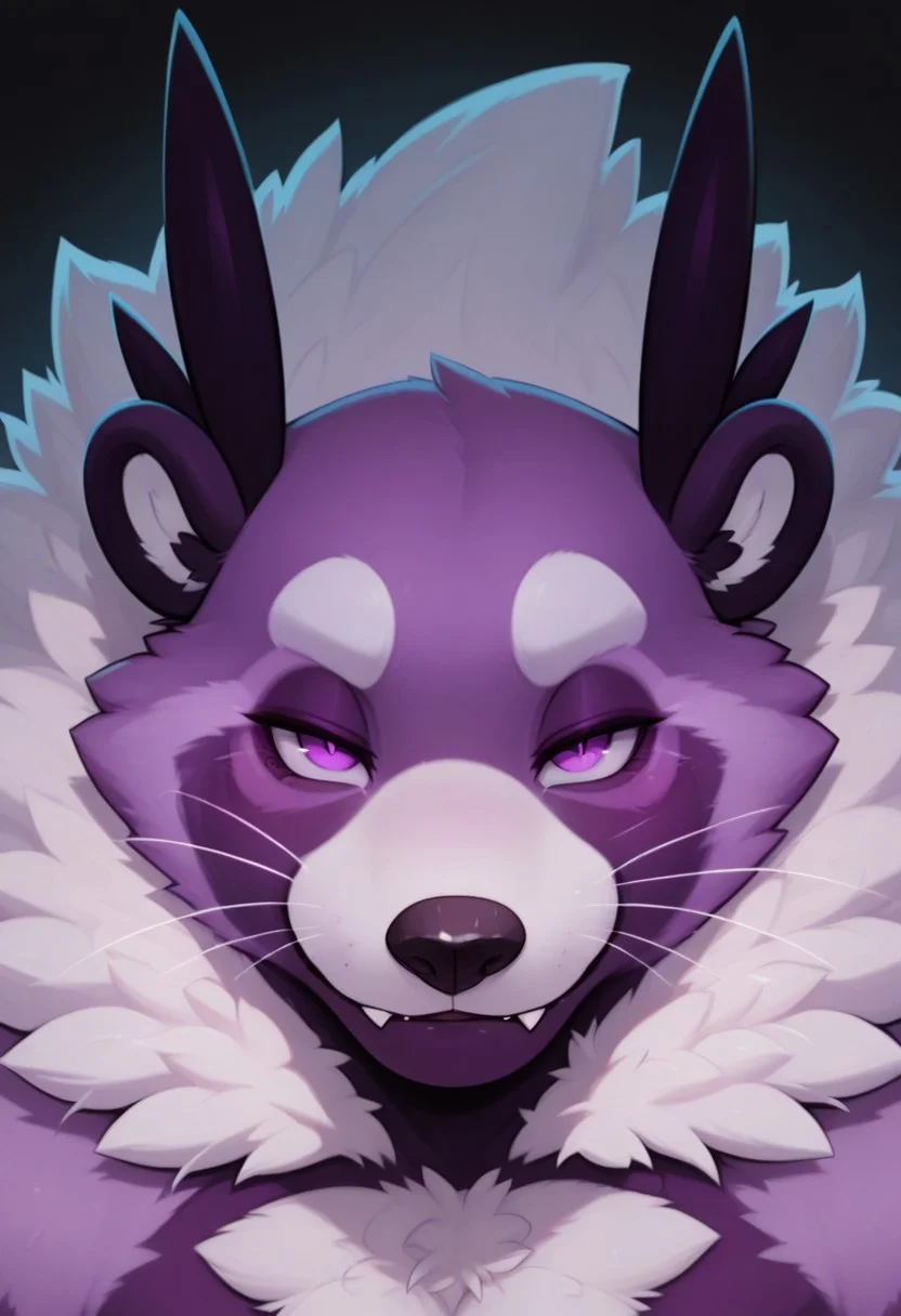 masterpiece, detailed background, best quality, absurd res, high detail, aesthetic, smooth drawing,
BentoC, furry male, viverrid, werebinturong, huge, fluffy, face focus, relaxed, looking at viewer, purple eyes, fangs, straight-on, black background, whiskers, seductive, smug look,