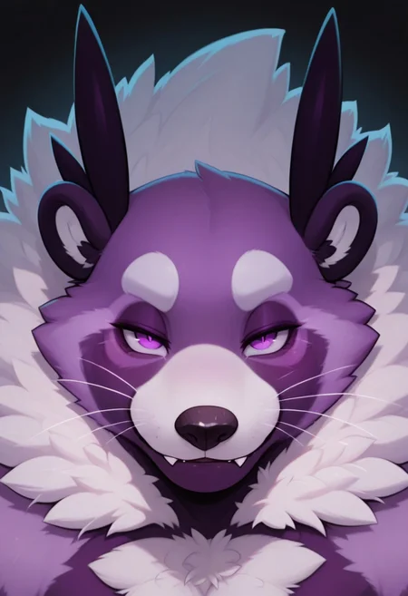 masterpiece, detailed background, best quality, absurd res, high detail, aesthetic, smooth drawing,
BentoC, furry male, viverrid, werebinturong, huge, fluffy, face focus, relaxed, looking at viewer, purple eyes, fangs, straight-on, black background, whiskers, seductive, smug look,