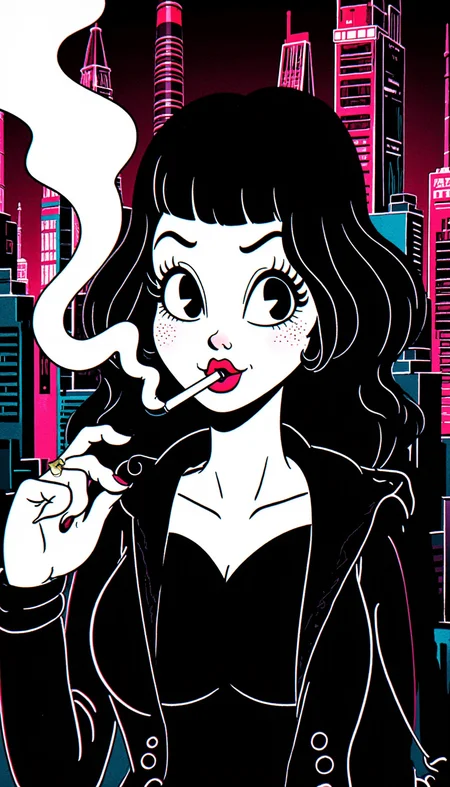 RU883R black and white graphic novel, solid ink
the background is a city landscape thick red ink lines but highly detailed
the background is dominated by pink and cyan neon lights of a cyberpunk city.
portrait of a woman smoking a cigarette