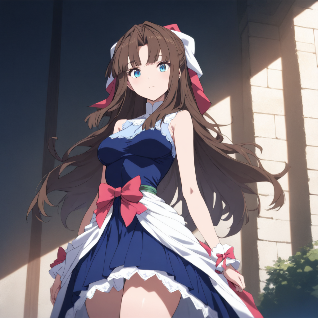 1girl,solo,looking at viewer,cowboy_shot,masterpiece,high score,great score,absurdres,<lora:Maria_ Nanadan ag4o v1:1> maria_ nanadan, brown hair, long hair, blue eyes,dress,