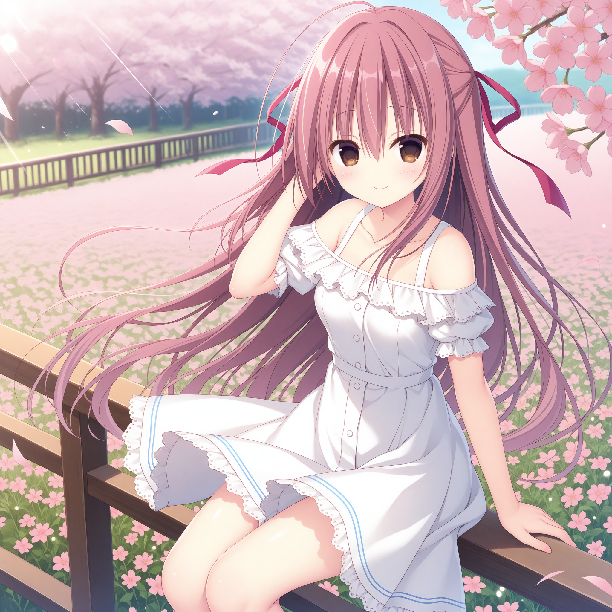 <lora:Mado_Hasune_art_1_nai_Loha:1.5>,Mado Hasune art,
<lora:Misakura_Rin_Uta_1_nai:0.6>,Misakura Rin,hair ribbon,ahoge,brown eyes,red hair,
white dress,sundress,off-shoulder dress,short sleeves,
1girl,solo,smile,looking at viewer,arm at side,hand in own hair,day,on railing,sitting,flower field,flowers,flower,pink flower,cherry blossoms,petals,falling petals,depth of field,lens flare,