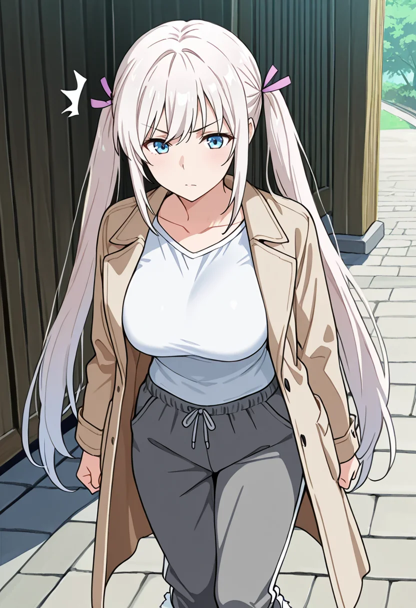 masterpiece,high quality details,
outdoors, 
 <lora:Komako_Semenovich:0.8> komako_cnr, 1girl, white hair, very long hair, twintails, blue eyes,sidelocks, hair ribbon,(aged up:1.2), (mature female:1.1),, ^^^,determined,, shirt ,long coat ,sweatpants,  ,fur-trimmed legwear,
