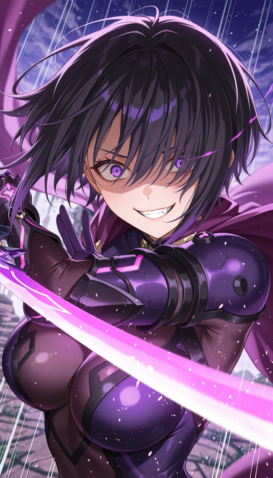 masterpiece, best quality, amazing quality, very aesthetic, high resolution, ultra-detailed, absurdres, newest, scenery, official art, 1girl, v-shaped eyebrows, (shaded face:1.2), smug, (evil grin:1.2), crazy smile, fangs, teeth, wide-eyed, large breasts, short black hair with sideswept bangs, purple eyes, blank eyes, crazy eyes, eye trail, hair over one eye, swinging glowing sword, detailed purple obsidian bodysuit, glowing purple cape, armored detailed purple gauntlets, overgrown stone temple, purple night sky with moon, fine fabric emphasis, dutch angle, from below, dynamic action pose, (face focus:1.2), close-up, portrait, upper body, looking at viewer, (speed lines, motion blur, motion lines, attack trail:1.3), fisheye, BREAK, eyes, hands, fingers, detailed eyes, depth of field, volumetric lighting