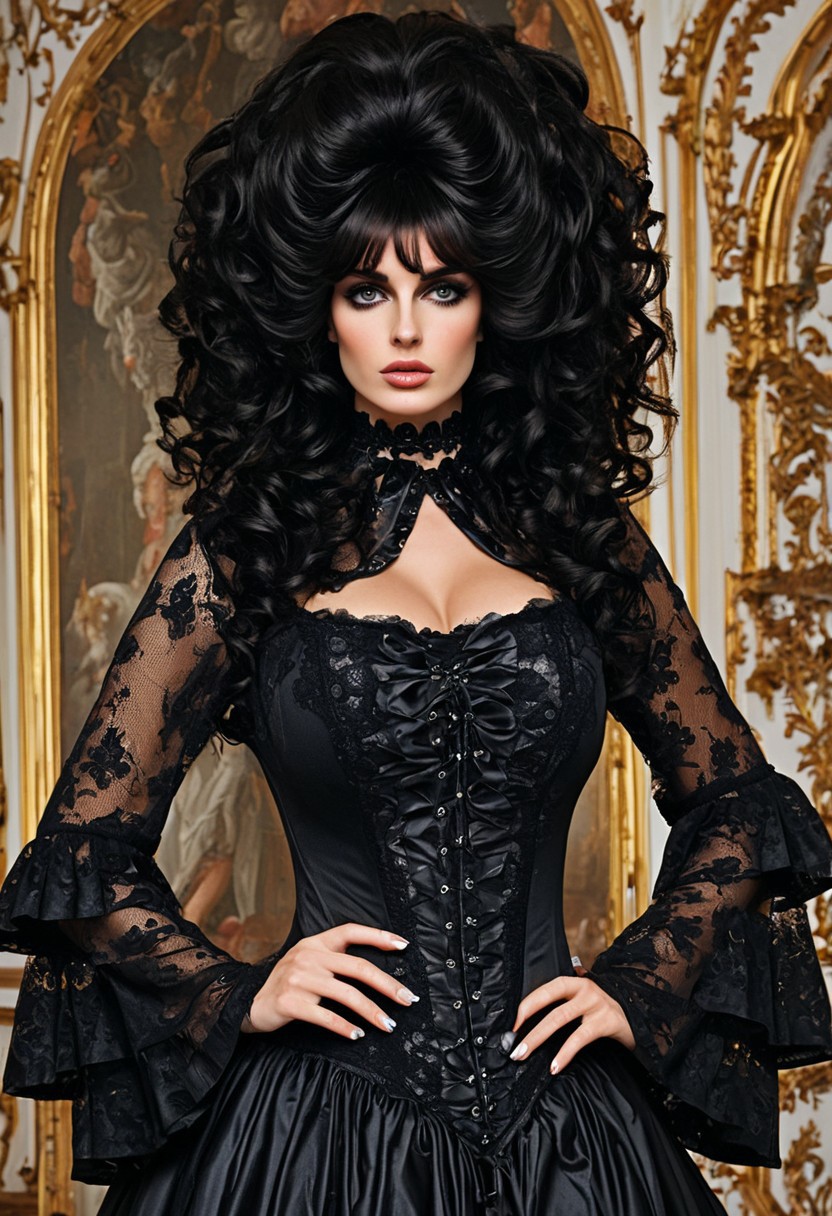 score_9, score_8_up, score_7_up, photorealistic, 18th century style, 17th century style, one stunning girl, upper body shot, makeup, long eyelashes, ((extremely massive giant big rococo bouffant wig:1.3)), (big hair:1.3), Blunt bangs, corset, cleavage, sheer mesh open long night robe, big long bell sleeves, Gothic Palace Stand-Up Lace Collar Capelet, lace