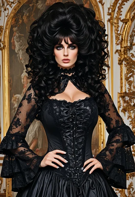 score_9, score_8_up, score_7_up, photorealistic, 18th century style, 17th century style, one stunning girl, upper body shot, makeup, long eyelashes, ((extremely massive giant big rococo bouffant wig:1.3)), (big hair:1.3), Blunt bangs, corset, cleavage, sheer mesh open long night robe, big long bell sleeves, Gothic Palace Stand-Up Lace Collar Capelet, lace