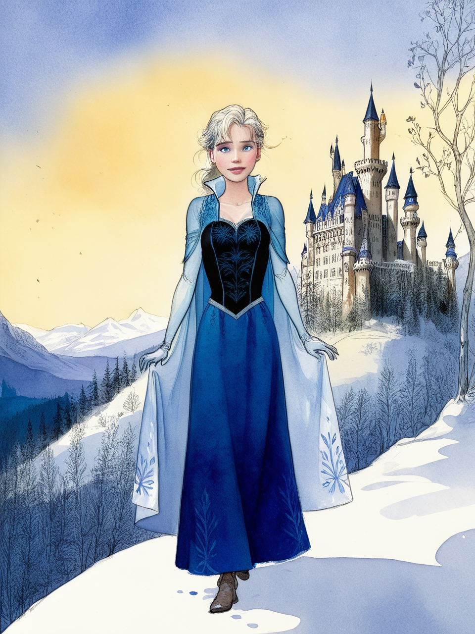 Elsa from Frozen, standing outdoors, hills, forest, mountain, castle, watercolor, illustration by Jean-Pierre Gibrat <lora:byJeanPierreGibratXL:1>