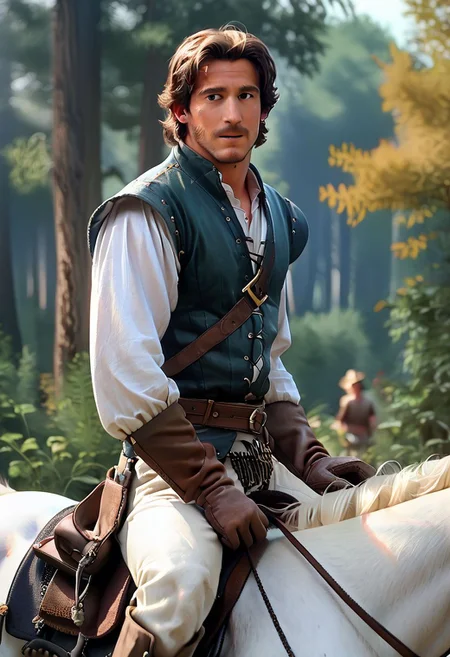 Score_9, score_8_up, score_7_up, FlynnRider, 1man, realistic, riding white horse in forest, leather gloves