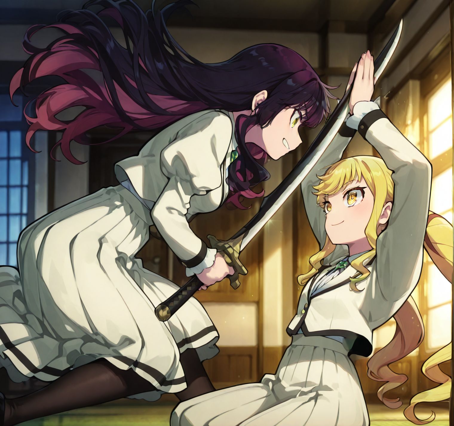 masterpiece, best quality, newest, absurdres, highres, detailed eyes, beautiful, detailed background, perfect eyes, anime coloring, anime screencap,
<lora:add-detail-xl:0.5>
shirahadori,2girls,blade catching, looking at another,
holding weapon, <lora:shirahadori_v2_illustrious-000008:1>,
<lora:Rock_Is_a_Ladys_Modesty:0.8> rock_ladyV1.
1girl,long hair, yellow eyes, 
blonde hair,twintails, white school uniform, 
smile,skirt,long sleeves,
pantyhose,brooch,r_ririsa,
purple hair.r_kurotetsu.