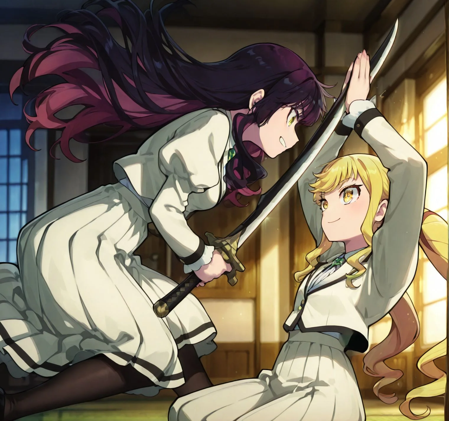 masterpiece, best quality, newest, absurdres, highres, detailed eyes, beautiful, detailed background, perfect eyes, anime coloring, anime screencap,
<lora:add-detail-xl:0.5>
shirahadori,2girls,blade catching, looking at another,
holding weapon, <lora:shirahadori_v2_illustrious-000008:1>,
<lora:Rock_Is_a_Ladys_Modesty:0.8> rock_ladyV1.
1girl,long hair, yellow eyes,
blonde hair,twintails, white school uniform,
smile,skirt,long sleeves,
pantyhose,brooch,r_ririsa,
purple hair.r_kurotetsu.