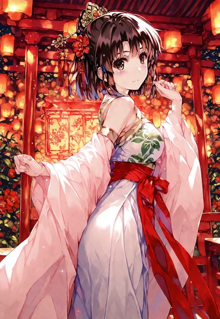 safe_pos, 1girl, misaki_kurehito_1, katou megumi, Megumi,brown hair,kato megumi,brown eyes, short hair , medium breasts, bare shoulders, narrow mouth, solo, looking at viewer, masterpiece, best quality, flowing hanfu dress, jade green and gold embroidery, wide sleeves, traditional hair ornaments, oriental garden background, blooming plum blossoms, ancient pavilion, ornate stone bridge, koi pond, red paper lanterns, graceful standing pose, gentle breeze effect, morning mist, side profile view, ethereal atmosphere , masterpiece, best quality, very aesthetic, source_anime, (finger fix),(eye fix)