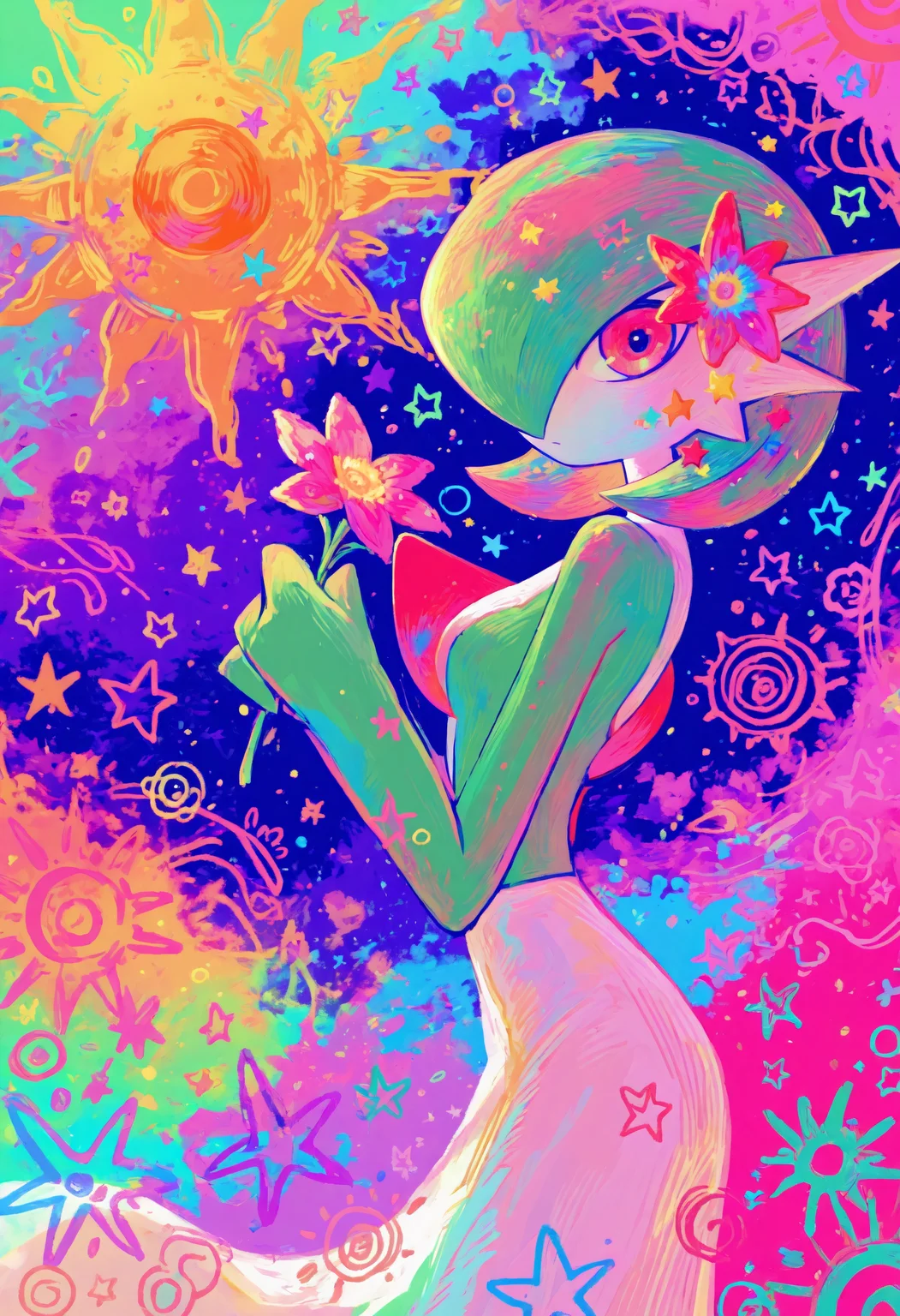 <lora:Style_OtonohaAika:1>, colorful, gardevoir, holding flower, looking at viewer, from side, star \(symbol\), flower \(symbol\), sun symbol, masterpiece, best quality