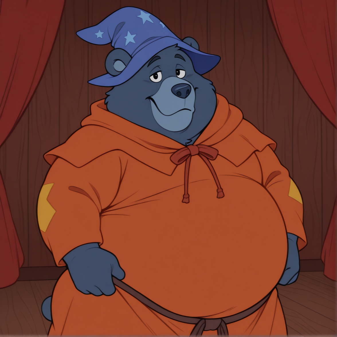 tummigummixl, anthro, solo, male focus, blue bear, blue (wizard cap:1.2), orange robe, overweight, plump face, wooden stage, red curtain in the background, looking at viewer