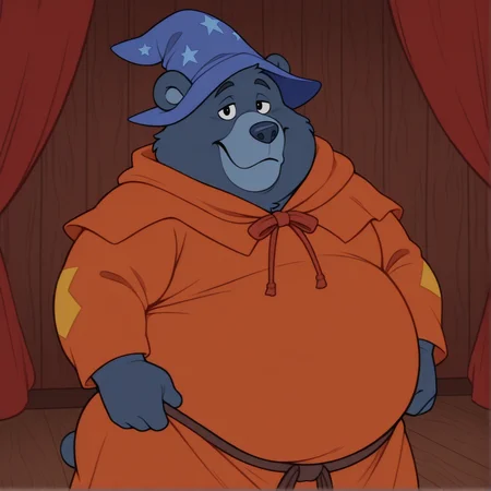 tummigummixl, anthro, solo, male focus, blue bear, blue (wizard cap:1.2), orange robe, overweight, plump face, wooden stage, red curtain in the background, looking at viewer