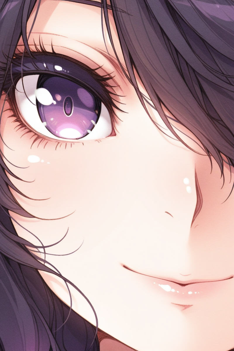 masterpiece, best quality, amazing quality,
 <lora:CrzNghbr_IL:1> crznghbr, solo, 1girl, black hair, close-up, purple eyes, eyelashes, hair over one eye, smile, lips, looking at viewer