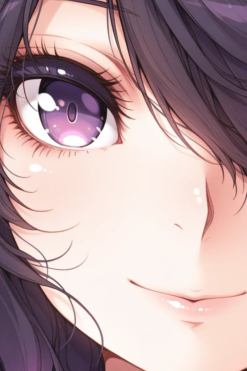 masterpiece, best quality, amazing quality,
<lora:CrzNghbr_IL:1> crznghbr, solo, 1girl, black hair, close-up, purple eyes, eyelashes, hair over one eye, smile, lips, looking at viewer