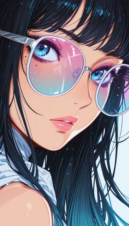 Shinkaistyle, masterpiece,
decarloxl, retro colors, 60s, retro, comic, fantasy,
jedopil, oil painting,
perfect eyes, vivid colors, vibrant colors, (lineless:1.5), light from front, 1girl, solo, long hair, looking at viewer, bangs, blue eyes, simple background, shirt, black hair, white background, bare shoulders, monochrome, upper body, parted lips, glasses, sleeveless, blunt bangs, mole, lips, gradient, looking to the side, gradient background, eyelashes, mole under eye, sleeveless shirt, makeup, shadow, blue background, sunglasses, lipstick, portrait, close-up, blue theme, pink lips, round eyewear, limited palette, tinted eyewear, aqua background, looking over eyewear, white-framed eyewear, blue-tinted eyewear, pink-tinted eyewear