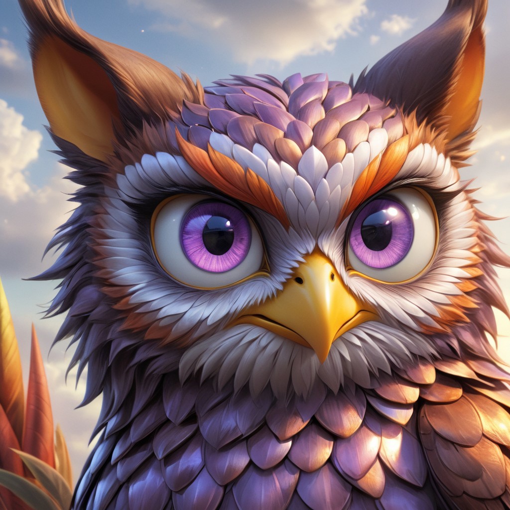Shiny scaleboundsdxl,Up in the sky, cloudy,purple body, cover dark clouds scales, owl, ears, orange tips on head orange tips on butt, light yellow beak, light purple eyes, light green sclera, colored sclera, light yellow talons,solo,female1,happy, ( detail realistic), beautiful detail, high-quality, face close up,