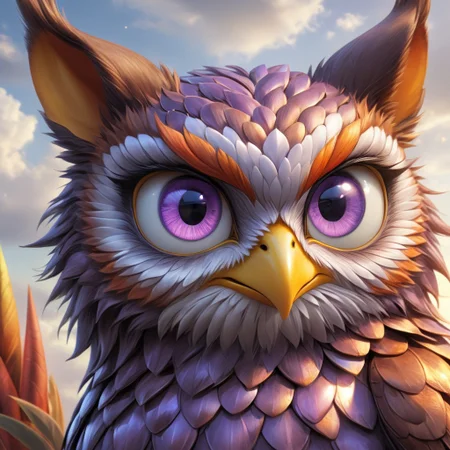Shiny scaleboundsdxl,Up in the sky, cloudy,purple body, cover dark clouds scales, owl, ears, orange tips on head orange tips on butt, light yellow beak, light purple eyes, light green sclera, colored sclera, light yellow talons,solo,female1,happy, ( detail realistic), beautiful detail, high-quality, face close up,