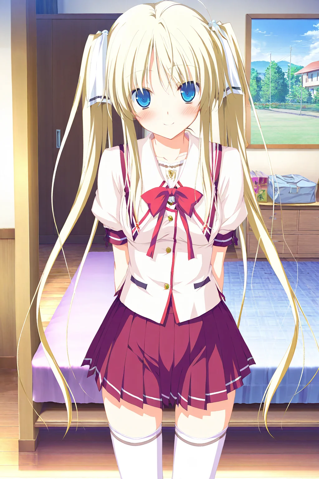 masterpiece,best quality,good quality,rating safe,memoriakomomo, hisakaki_komomo, 1girl, solo, twintails, long hair, blue eyes, blonde hair, school uniform, thighhighs, white thighhighs, zettai ryouiki,game cg,standing,smile,looking at viewer,bedroom,blush