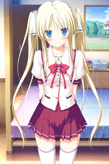 masterpiece,best quality,good quality,rating safe,memoriakomomo, hisakaki_komomo, 1girl, solo, twintails, long hair, blue eyes, blonde hair, school uniform, thighhighs, white thighhighs, zettai ryouiki,game cg,standing,smile,looking at viewer,bedroom,blush