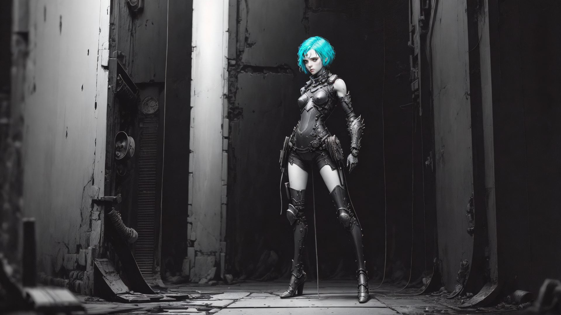 1girl,[Sophia Lillis face],21yo,photorealistic, (hyperrealistic:1.2), beautiful, masterpiece, best quality, extremely detailed face, perfect lighting,full body, armor, glowing, glowing eyes, intricate design, turquoise hair, medium shot,upper body, small breasts, steampunk background,vanishing point legs, epic structure background,by Ben Templesmith, by Brian Oldham, by Simon Stalenhag
<lora:Blame!:0.95>
<lora:epiNoiseoffset_v2:0.7>