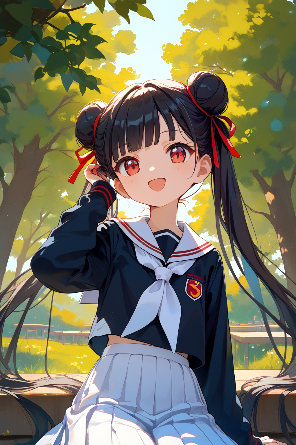 score_9, score_8_up, score_7_up, source_anime,
tree, simple background,
cowboy shot, close up, dynamic angle,
adjusting hair, open smile, sitting
<lora:meiling_autismConfetti_v01:1>
li meiling, black hair, very long hair, twintails, double bun,  red eyes, 
tomoeda elementary school uniform,  black shirt, sailor collar, school uniform,  white sailor collar, long sleeves, white skirt, pleated skirt, white neckerchief,, zPDXL
