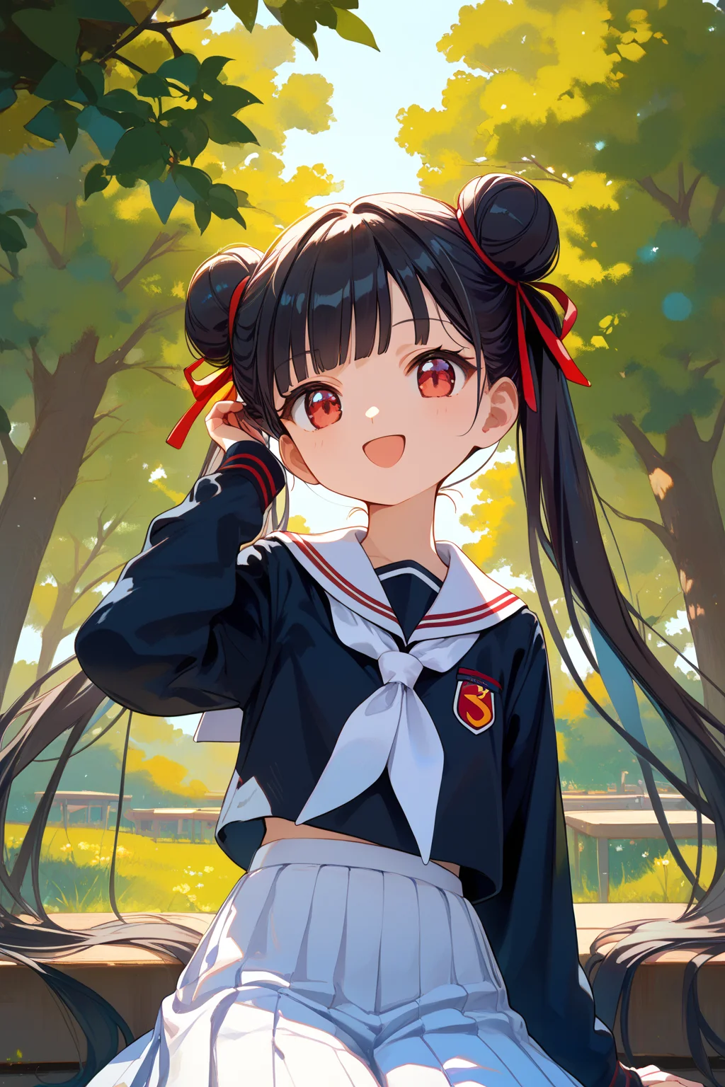score_9, score_8_up, score_7_up, source_anime,
tree, simple background,
cowboy shot, close up, dynamic angle,
adjusting hair, open smile, sitting
<lora:meiling_autismConfetti_v01:1>
li meiling, black hair, very long hair, twintails, double bun, red eyes,
tomoeda elementary school uniform, black shirt, sailor collar, school uniform, white sailor collar, long sleeves, white skirt, pleated skirt, white neckerchief,, zPDXL