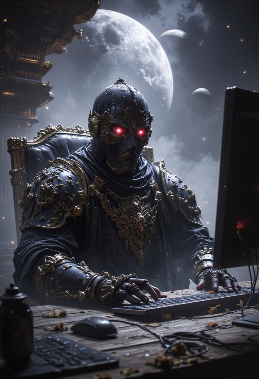 a surprised knight, sitting at a table, a hacker knight, hands on the keyboard, looking at the monitor, we look at the knight full-face, two planets in the background, fiction,