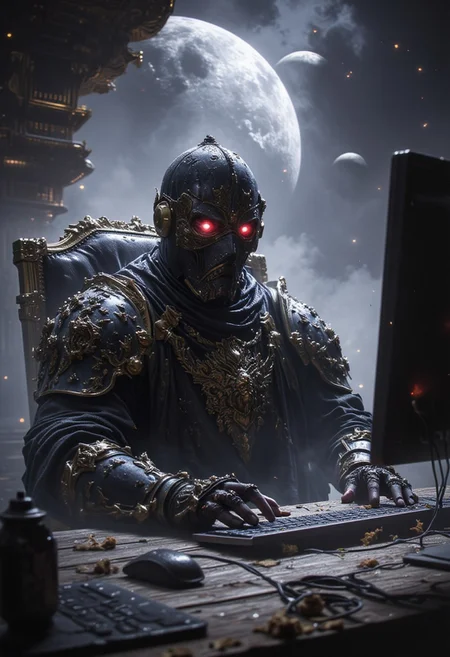 a surprised knight, sitting at a table, a hacker knight, hands on the keyboard, looking at the monitor, we look at the knight full-face, two planets in the background, fiction,