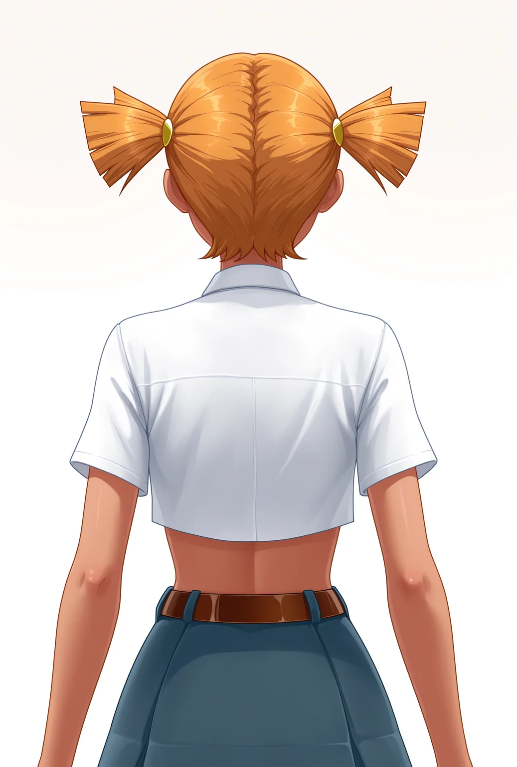 masterpiece, best_quality, amazing_quality, AliceES, 1girl, short_hair, short_twintails, facing_away, white_shirt, short_sleeves, crop_top, brown_belt, blue_skirt, dark_skin, standing, from_behind, simple_background, white_background, <lora:Alice_ES_V1(IL):0.8>